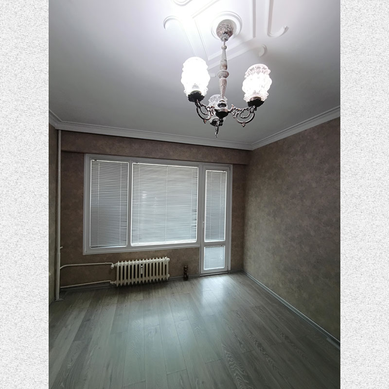 picture of living room - a window side that leads to south therace with a big windows. Here we see high quality laminated floor 